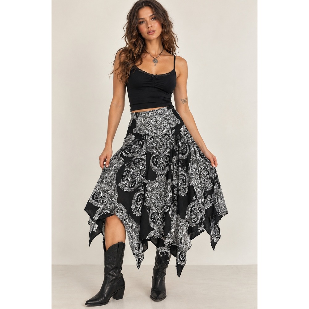 INC Y2K Fairycore Boho Handkerchief Skirt Black White Paisley Hippie Large